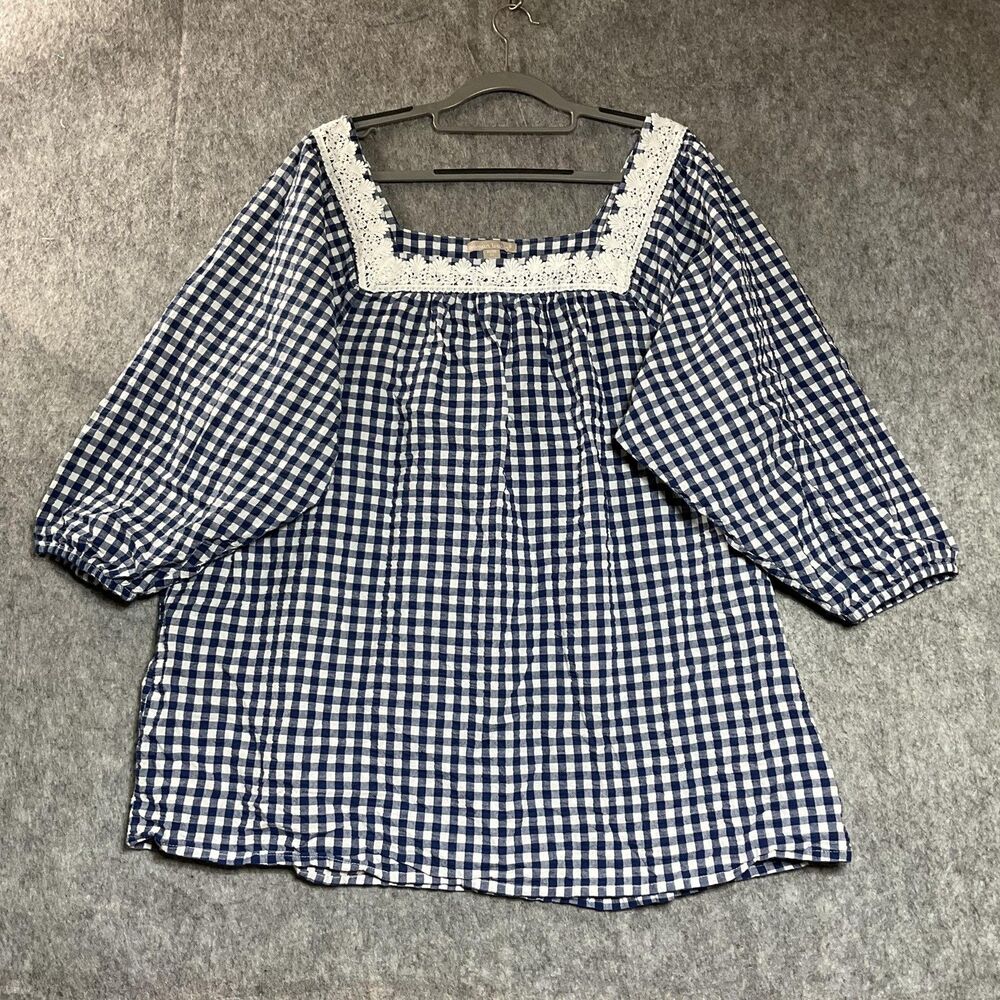 Woman Within Blouse Womens 2X Blue Gingham Crochet Square Neck 3/4 Sleeve Boho